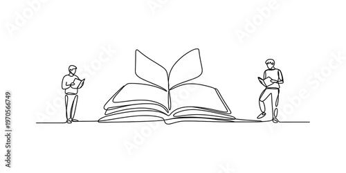 Continuous single line drawing of two people reading books beside a large open book illustration Vector, illustration