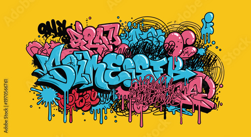 Vibrant graffiti artwork with pink, blue, and black letters on a bright yellow background, conveying a sense of creativity and urban style.
