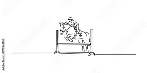 A minimalist single line drawing of a person riding a horse jumping over a hurdle in the arena. Vector, illustration