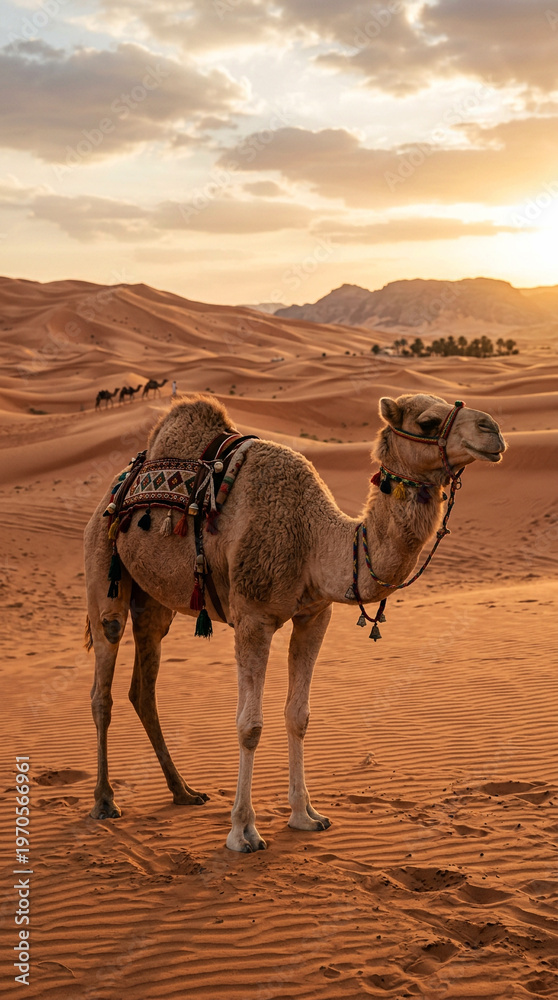 Fototapeta premium Arabian camel standing in golden desert dunes at sunset with distant caravan