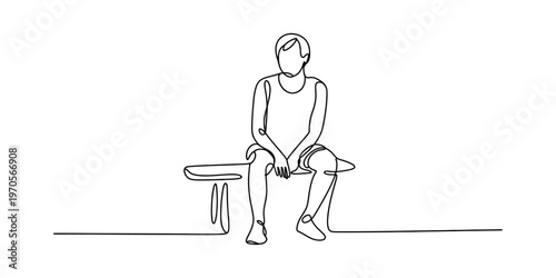 A single continuous line drawing of a person sitting alone on a bench with a contemplative mood. Vector, illustration