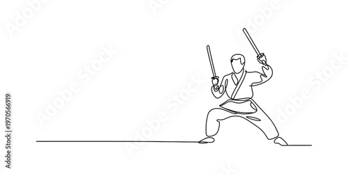 A single continuous line drawing of a martial artist holding two swords in a defensive stance Vector, illustration