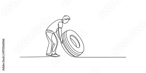 A continuous line drawing of a person pushing a large rubber tire across a flat ground surface Vector, illustration