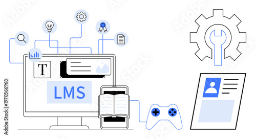 Learning Management System. LMS platform showing digital tools for education such as gaming, document sharing, and assignments. LMS enables remote education and e-learning environments. Ideal