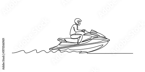 A continuous line drawing of a person riding a jet ski across the ocean waves during summer time Vector, illustration