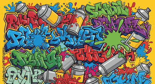 Vibrant graffiti art with colorful letters and spray paint cans, conveying creativity and urban style.