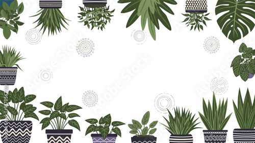 Decorative border featuring a variety of green houseplants in patterned pots at the top and bottom on white.