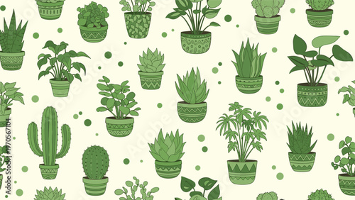 Seamless pattern showcasing a dense arrangement of various green houseplants in decorated pots on a cream base.