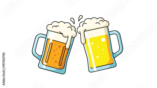 Two foaming glass mugs of golden beer clinking together in a celebration toast in a colorful cartoon style.
