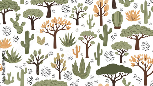 Seamless landscape pattern featuring various savanna trees cacti and abstract dots in earthy green and brown tones.