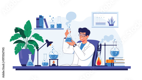 Smiling scientist in a white coat working in a blue laboratory filled with flasks test tubes plants and books.