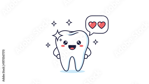 Happy cartoon molar tooth with sparkling stars and a speech bubble containing two red hearts on a white background.