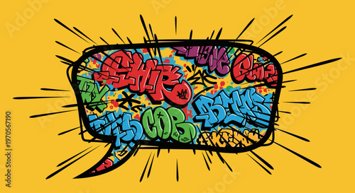 Vibrant graffiti speech bubble on a yellow background, conveying energy and self-expression.