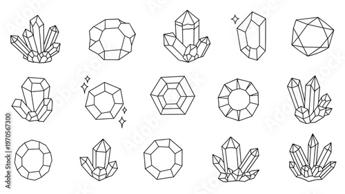 Collection of diverse crystal and gemstone clusters shown in a simple black and white line art drawing style.