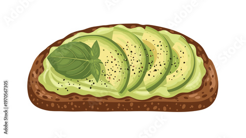 Single slice of dark grain toast topped with creamy mashed avocado sliced avocado halves and a fresh basil leaf.