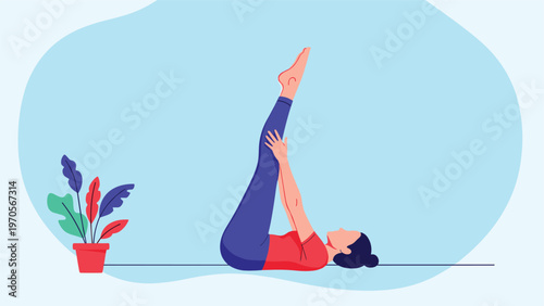 Active woman lying on the floor doing a yoga leg stretch exercise in a blue room with a colorful potted plant nearby.