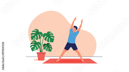 Man performing a side stretch yoga pose on a red mat in a room with a large monstera plant and window light.