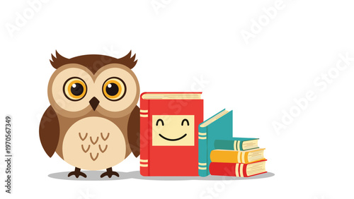Wise owl standing next to a stack of colorful books with a smiling red textbook in the front against a clean white background.
