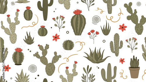 Seamless pattern showcasing a variety of green cacti desert succulents and small red flowers on a white background.