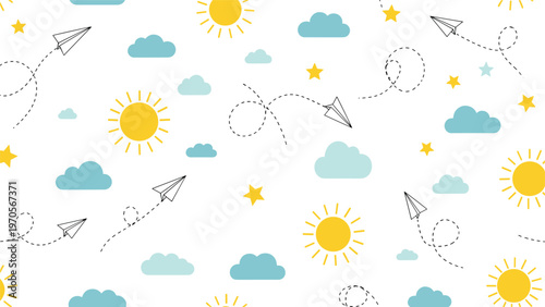 Seamless pattern featuring yellow suns blue clouds yellow stars and flying paper planes on a clean white background for kids.