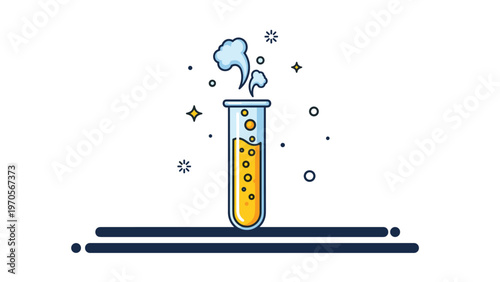 Science lab test tube with bubbling yellow liquid and steam clouds floating above on a white background with star icons.