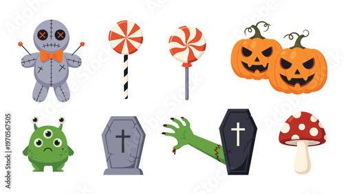 Set of Halloween icons including a voodoo doll lollipops pumpkins monster gravestone coffin and mushroom for party.