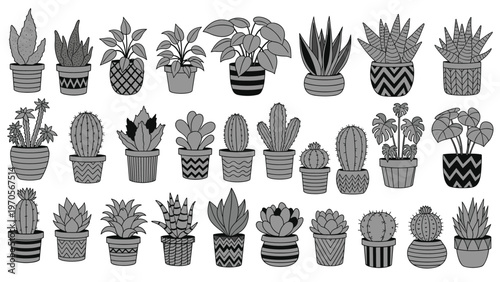 Large collection of various potted house plants and cacti illustrated in black and white line art for coloring books.