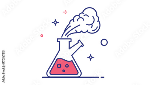Line art illustration of a chemistry flask with bubbling pink liquid and steam rising from the top against white.