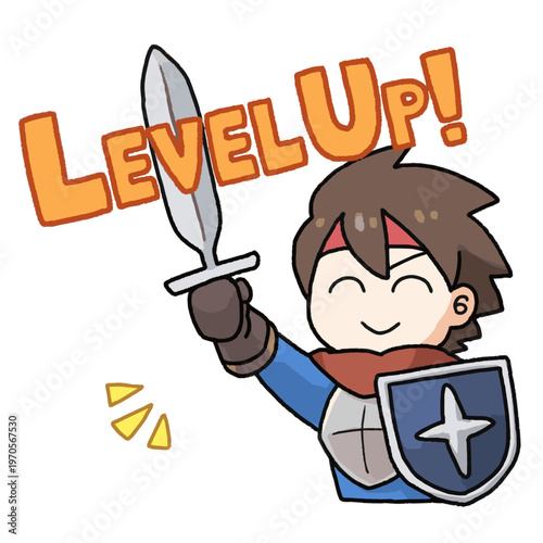 レベルアップを喜ぶ剣を掲げたRPG風の勇者のイラスト