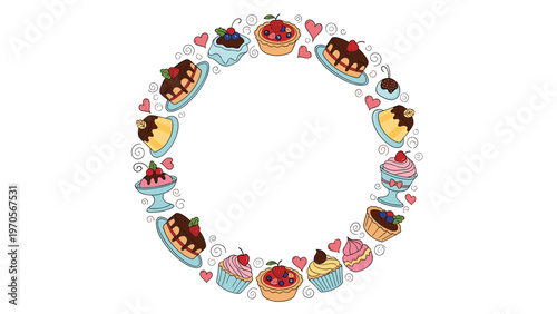 Decorative circular frame made of various desserts including puddings cupcakes tarts and tiny red hearts for cards.