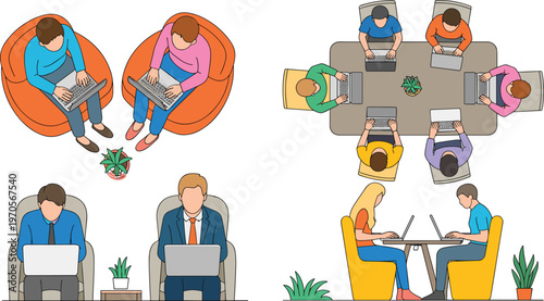 Flat Vector Illustration Set of People Working on Laptops in Modern Coworking Space Office Meeting and Creative Collaboration