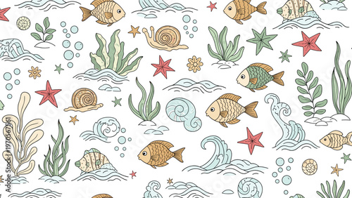 Seamless underwater pattern featuring fish snails starfish seaweed and ocean waves in a hand drawn illustrative style.