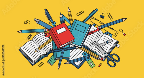 A colorful illustration of a chaotic pile of school supplies on a yellow background, conveying a sense of creativity and learning.