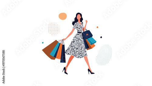 Stylish woman in a floral dress walking confidently while carrying several colorful shopping bags on a white backdrop.