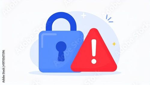 3d blue padlock and red warning sign icons on light background for security alert concept