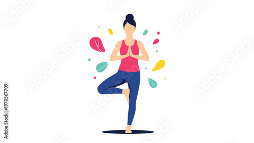 Woman practicing a yoga tree pose surrounded by colorful stylized leaves and floating dots for wellness and health.