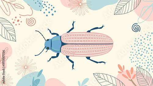 Colorful beetle insect illustration surrounded by hand drawn floral and leaf patterns on a cream background.