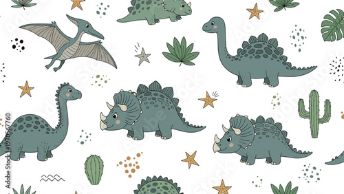 Seamless pattern of cute dinosaurs including triceratops stegosaurus and pterodactyls with stars and cacti on white.