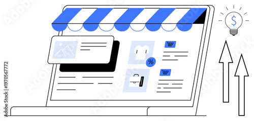 E-commerce, online shopping, sales growth, digital business, marketplace, web design. A laptop displaying an online store with product listings and transaction icons. E-commerce and sales growth