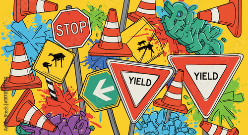 A colorful illustration of various traffic signs and cones on a vibrant graffiti background, conveying a sense of urban chaos and creativity.