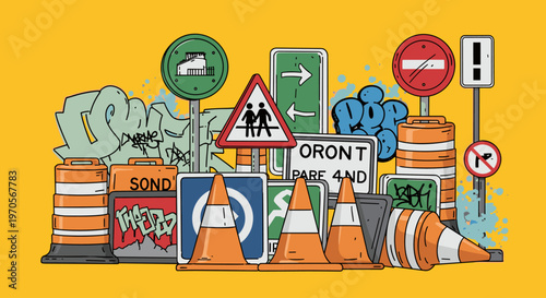 A colorful illustration of traffic signs and cones on a yellow background, conveying a sense of urban chaos and disorder.