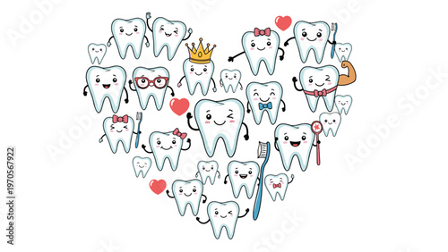 Heart shape composed of many cute cartoon teeth characters with various expressions and dental care accessories.
