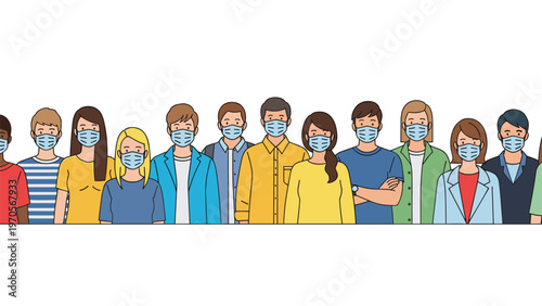 Illustration of a diverse group of people from different backgrounds wearing protective face masks in a long row.