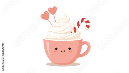 Cute pink cup of hot cocoa topped with a mountain of whipped cream, a candy cane, and small heart decorations.