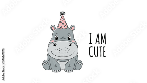Adorable gray hippo wearing a pink polka dot party hat sitting next to the text I am cute on a white background.