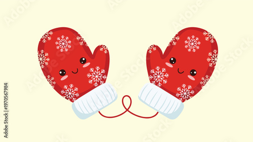 Couple of red winter mittens with snowflake patterns and happy faces connected by a red string on a light yellow background.
