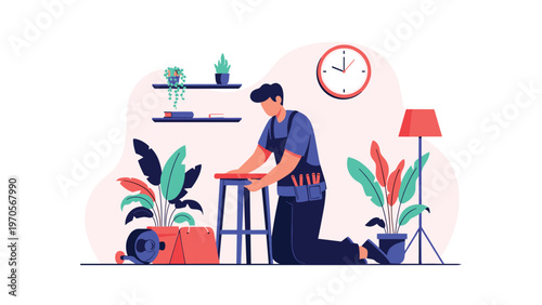 Person working in a workshop fixing a wooden stool with specialized tools and plants in a modern interior setting.