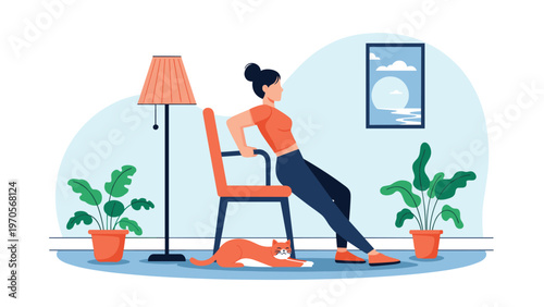 Woman performing tricep chair dips exercise in a bright living room with a cat and indoor plants decoration.
