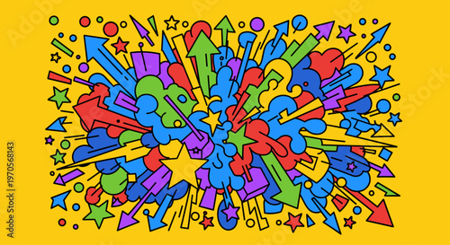 A playful and dynamic illustration of colorful shapes and arrows exploding against a bright yellow background, conveying energy and creativity.
