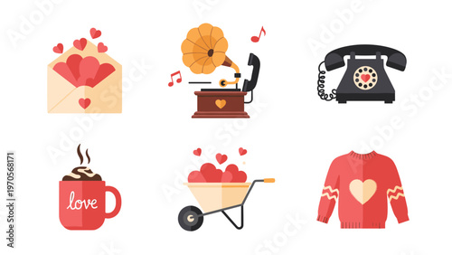 Collection of romantic objects including a love letter, gramophone, telephone, coffee mug, wheelbarrow, and sweater.